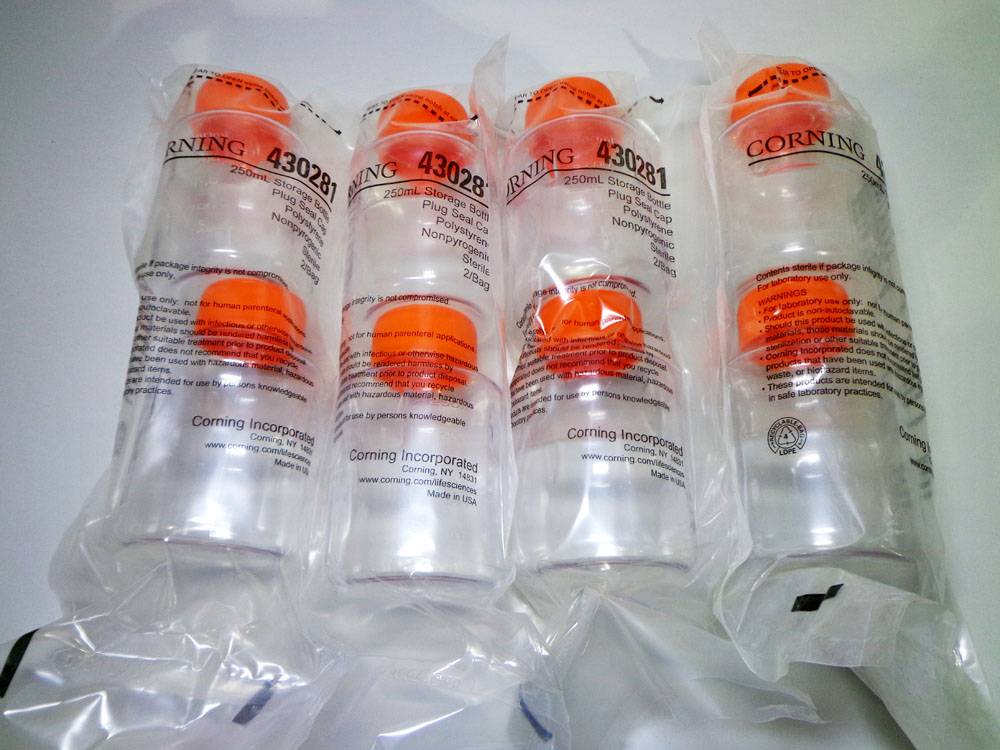 Corning 430281 Sterile 250mL Polystyrene Storage Bottles, 4 Packs x 2 Bottles.